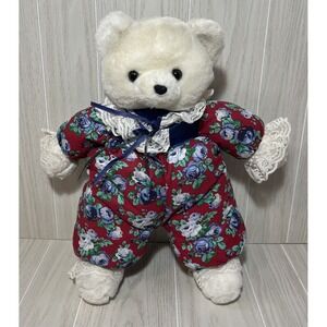 Dandee vintage white teddy bear Plush red blue floral outfit lace ribbons READ